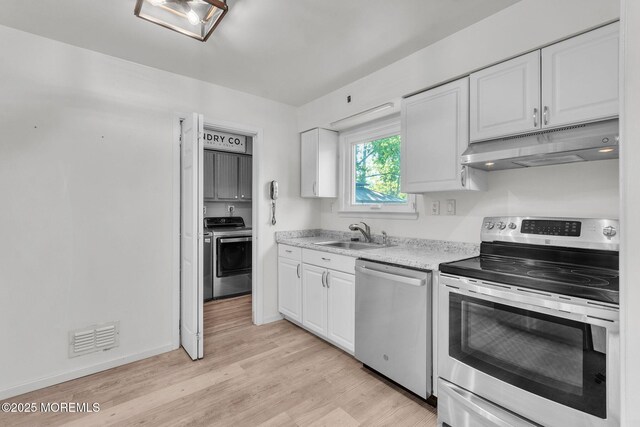 824 Broadway Blvd, Toms River, NJ 08757 - kitchen featuring stainless steel appliances, under cabinet range hood, washer / clothes dryer, a sink, and white cabinetry