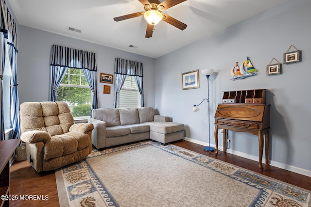 12 Stemson Ct, Little Egg Harbor, NJ 08087 - living room featuring wood finished floors, ceiling fan, and baseboards