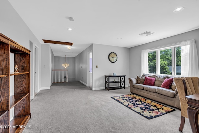 2 Miriam Dr, Matawan, NJ 07747 - living area featuring light carpet, baseboards, a chandelier, and recessed lighting