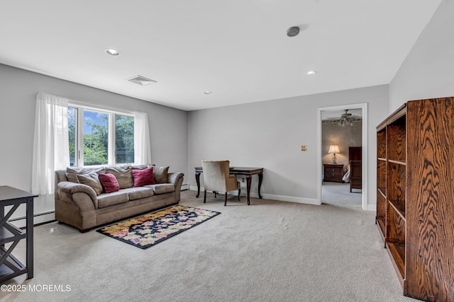 2 Miriam Dr, Matawan, NJ 07747 - carpeted living room featuring recessed lighting, a baseboard heating unit, baseboards, and a ceiling fan