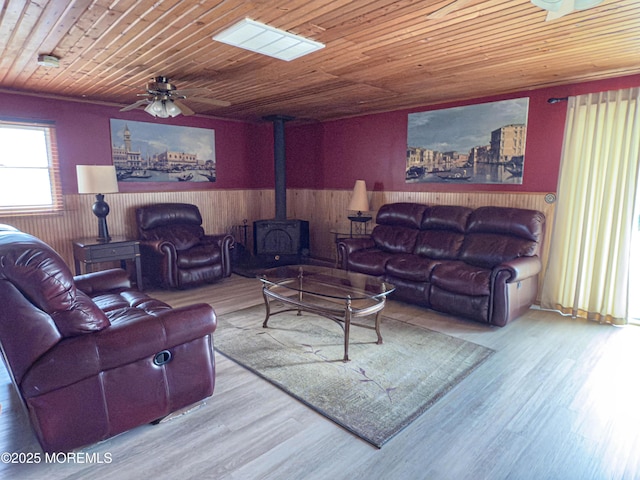 113 Boulder Lake Dr, Little Egg Harbor, NJ 08087 - living room with wainscoting, a wood stove, wooden walls, wooden ceiling, and wood finished floors