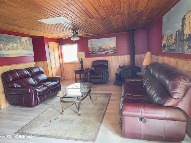 113 Boulder Lake Dr, Little Egg Harbor, NJ 08087 - living room featuring a wainscoted wall, wood walls, a wood stove, wood finished floors, and wooden ceiling