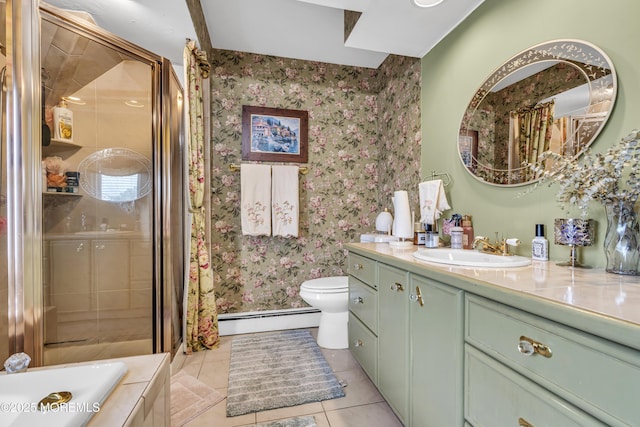 75 Portland Rd, Highlands, NJ 07732 - bathroom with baseboard heating, wallpapered walls, vanity, a stall shower, and tile patterned floors