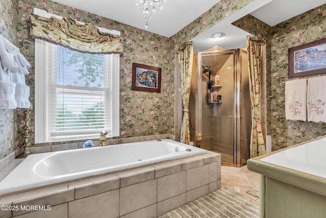 75 Portland Rd, Highlands, NJ 07732 - bathroom featuring wallpapered walls, a stall shower, a garden tub, and tile patterned floors