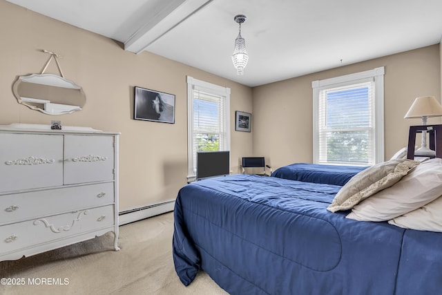 75 Portland Rd, Highlands, NJ 07732 - bedroom with baseboard heating, multiple windows, light carpet, and beam ceiling