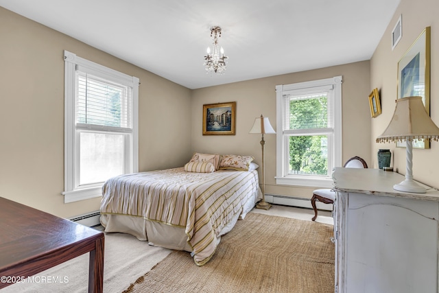 75 Portland Rd, Highlands, NJ 07732 - bedroom featuring multiple windows, a baseboard heating unit, and a chandelier