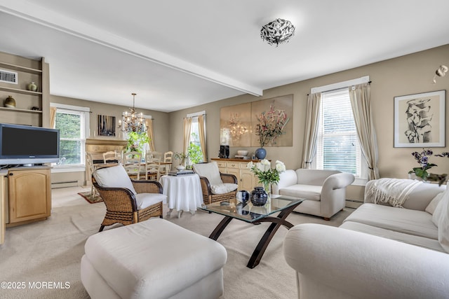 75 Portland Rd, Highlands, NJ 07732 - living area with a baseboard radiator, a chandelier, light carpet, baseboard heating, and beam ceiling