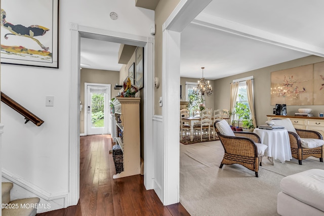 75 Portland Rd, Highlands, NJ 07732 - foyer featuring stairway, a chandelier, beamed ceiling, and dark wood-style flooring