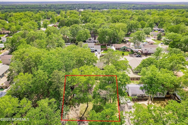 629 Alpine St, Forked River, NJ 08731 - aerial view of residential area with a heavily wooded area and property parcel outlined