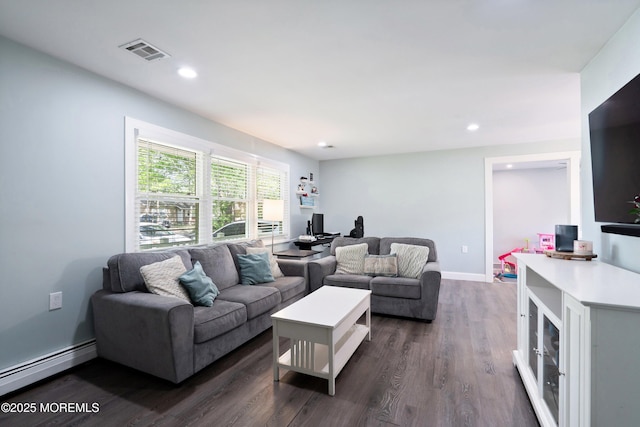 629 Alpine St, Forked River, NJ 08731 - living area featuring baseboard heating, dark wood-style floors, recessed lighting, and baseboards