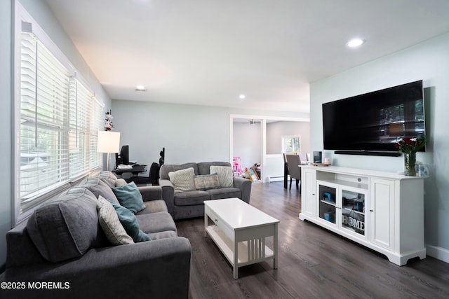 629 Alpine St, Forked River, NJ 08731 - living room featuring dark wood-style flooring, recessed lighting, and baseboards