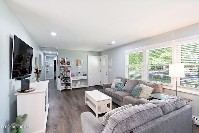 629 Alpine St, Forked River, NJ 08731 - living room featuring dark wood-type flooring, baseboard heating, and recessed lighting
