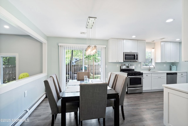 629 Alpine St, Forked River, NJ 08731 - dining room featuring a chandelier, dark wood-style floors, baseboard heating, and recessed lighting