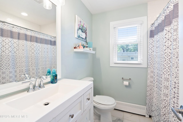 629 Alpine St, Forked River, NJ 08731 - bathroom featuring baseboard heating, vanity, toilet, and curtained shower