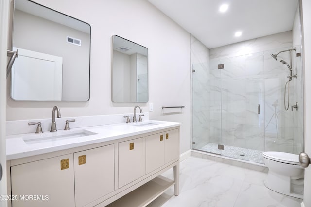205 Parkway Pt, Pleasant Beach, NJ 08742 - bathroom featuring marble look tiles, a marble finish shower, double vanity, toilet, and recessed lighting