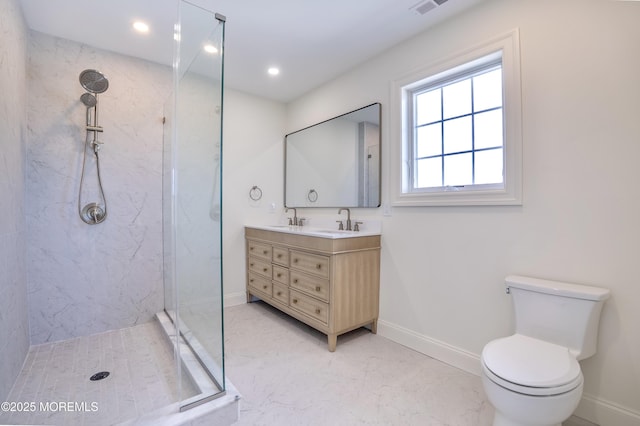 205 Parkway Pt, Pleasant Beach, NJ 08742 - bathroom with baseboards, a marble finish shower, double vanity, toilet, and recessed lighting