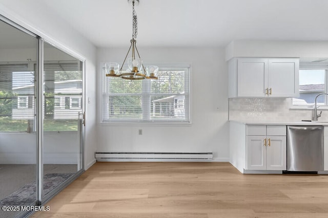 8 Holmes Ct, Brick, NJ 08724 - kitchen featuring stainless steel dishwasher, white cabinetry, light wood finished floors, and a chandelier