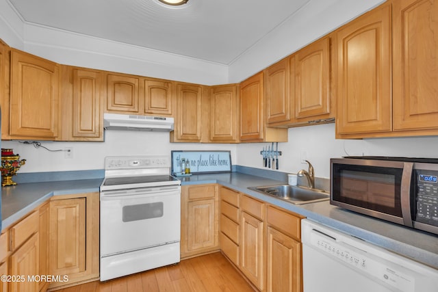 1 Scenic Dr Unit 511, Highlands, NJ 07732 - kitchen with white appliances, a sink, under cabinet range hood, and light wood finished floors