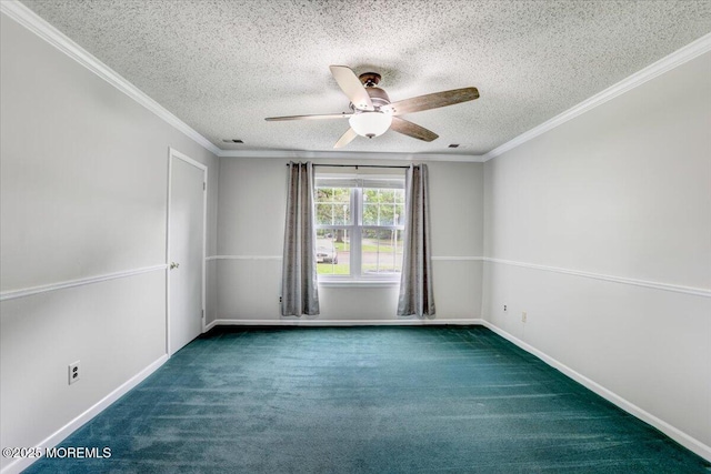 5-3 Portland Ct, Freehold, NJ 07728 - spare room with carpet floors, a textured ceiling, ceiling fan, ornamental molding, and baseboards