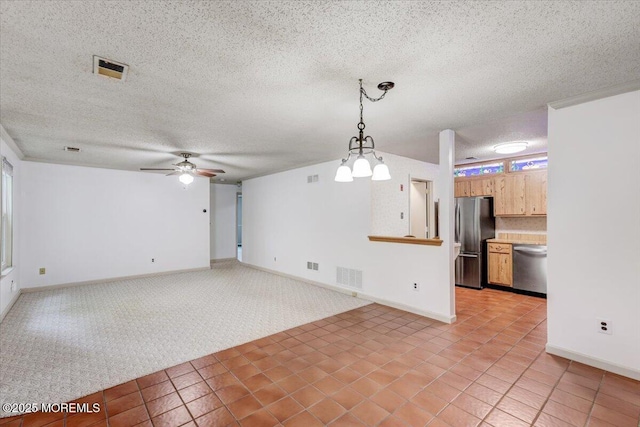 5-3 Portland Ct, Freehold, NJ 07728 - unfurnished living room featuring light colored carpet, a ceiling fan, a textured ceiling, baseboards, and light tile patterned floors