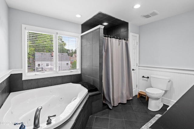 660 Summit Ave, Kenilworth, NJ 07033 - full bathroom with toilet, a tub with jets, a tile shower, tile patterned floors, and a wainscoted wall