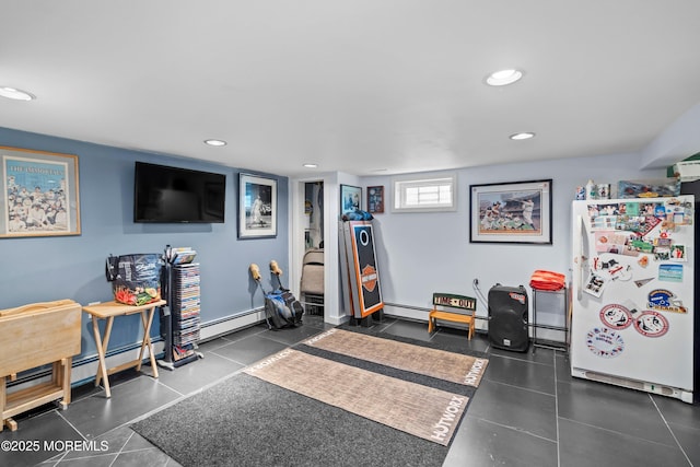 660 Summit Ave, Kenilworth, NJ 07033 - game room featuring baseboard heating, recessed lighting, dark tile patterned flooring, and a baseboard heating unit