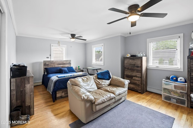 660 Summit Ave, Kenilworth, NJ 07033 - bedroom with baseboard heating, ornamental molding, light wood-style flooring, and a ceiling fan