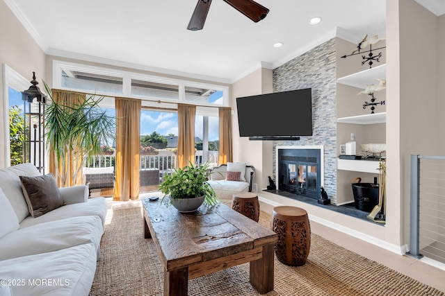 1 Portland Rd Unit 13, Highlands, NJ 07732 - living room featuring crown molding, a multi sided fireplace, ceiling fan, and recessed lighting