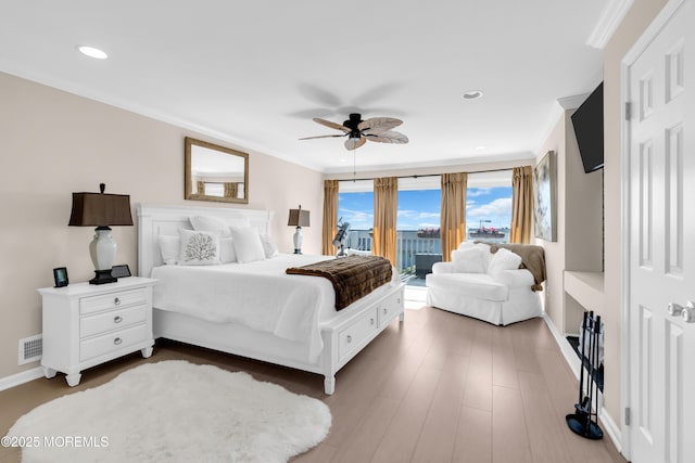 1 Portland Rd Unit 13, Highlands, NJ 07732 - bedroom featuring access to outside, crown molding, recessed lighting, ceiling fan, and baseboards
