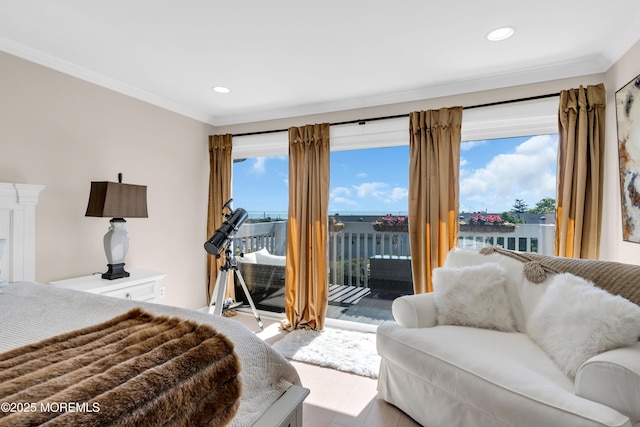 1 Portland Rd Unit 13, Highlands, NJ 07732 - bedroom with access to exterior, ornamental molding, recessed lighting, and wood finished floors
