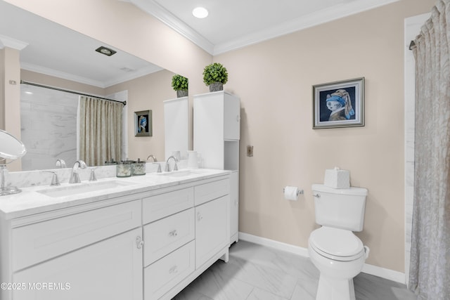 1 Portland Rd Unit 13, Highlands, NJ 07732 - full bathroom featuring marble look tiles, double vanity, toilet, baseboards, and crown molding