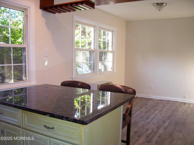 364 Westwood Ave Unit 12, Long Branch, NJ 07740 - kitchen featuring a breakfast bar area, dark wood-style flooring, healthy amount of natural light, and baseboards