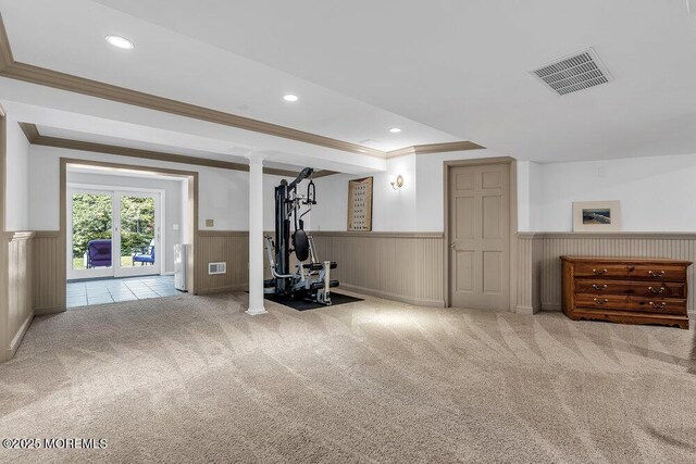 71 Maple Ave, Little Silver, NJ 07739 - exercise room featuring a wainscoted wall, ornamental molding, carpet, and recessed lighting