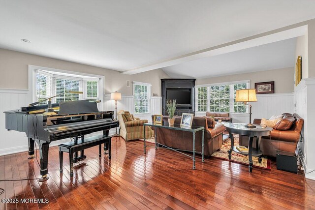 71 Maple Ave, Little Silver, NJ 07739 - living area featuring hardwood / wood-style flooring, wainscoting, plenty of natural light, and lofted ceiling