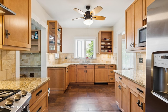 228 Albert Pl, Elberon, NJ 07740 - kitchen with stainless steel appliances, open shelves, a sink, a ceiling fan, and decorative backsplash