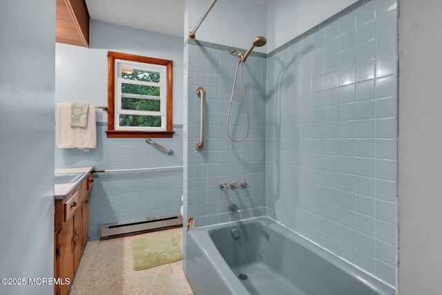 9 Riccis Dr, Jackson, NJ 08527 - bathroom featuring a baseboard radiator, vanity, bathtub / shower combination, and speckle patterned floor