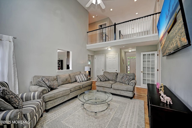 2 Hampton Hollow Dr, Perrineville, NJ 08535 - living area featuring ceiling fan, wood finished floors, a high ceiling, and recessed lighting