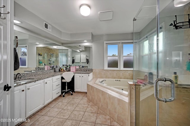 2 Hampton Hollow Dr, Perrineville, NJ 08535 - full bathroom with tile patterned flooring, a stall shower, a bath, vanity, and healthy amount of natural light