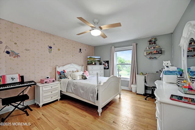 2 Hampton Hollow Dr, Perrineville, NJ 08535 - bedroom with light wood finished floors, wallpapered walls, a ceiling fan, and baseboards