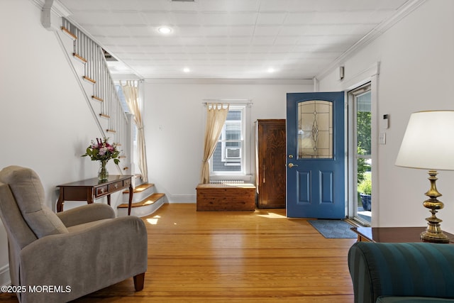 83 Lake Ave, Fair Haven, NJ 07704 - foyer entrance featuring light wood-style floors, stairway, ornamental molding, recessed lighting, and baseboards