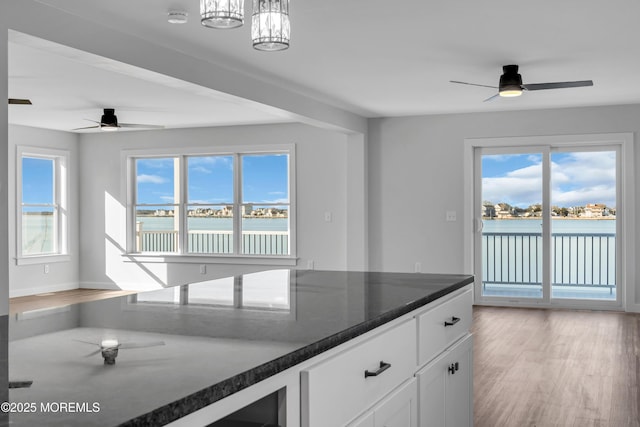 231 Cedar Island Dr, Brick, NJ 08723 - kitchen with a ceiling fan, white cabinets, a water view, decorative light fixtures, and light wood-style flooring