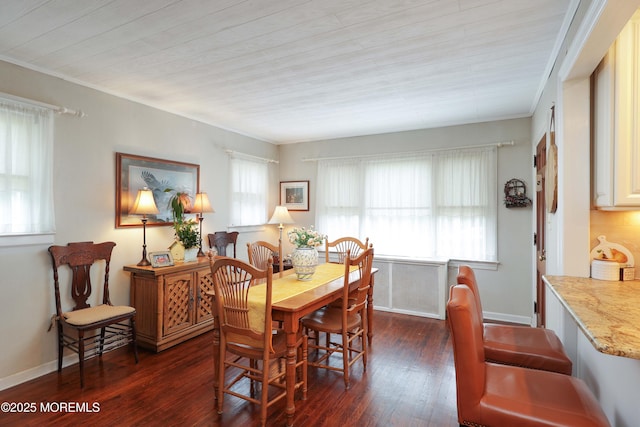 146 Morningside Ave, Union Beach, NJ 07735 - dining room featuring dark wood-style flooring, wood ceiling, crown molding, and baseboards