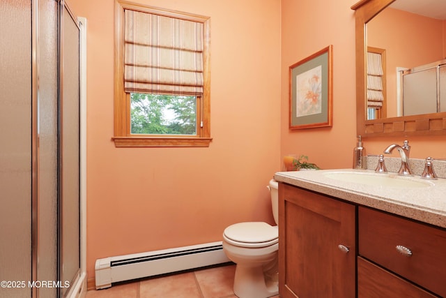 146 Morningside Ave, Union Beach, NJ 07735 - bathroom featuring baseboard heating, tile patterned flooring, a shower stall, toilet, and vanity