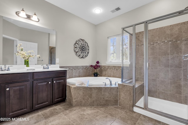52 Pate Dr, Middletown, NJ 07748 - full bath featuring a garden tub, double vanity, a shower stall, and tile patterned floors