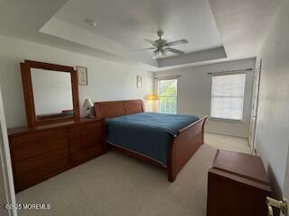 284 Brookfield Dr, Jackson, NJ 08527 - bedroom featuring a tray ceiling, light colored carpet, and a ceiling fan