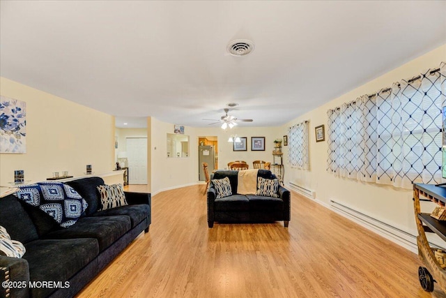 2B Greenwood Ln Unit 62, Whiting, NJ 08759 - living room featuring a baseboard radiator, light wood-style flooring, a ceiling fan, and baseboards