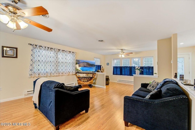 2B Greenwood Ln Unit 62, Whiting, NJ 08759 - living area with a ceiling fan, a baseboard heating unit, light wood-style floors, and baseboards