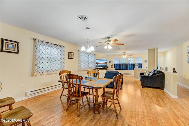 2B Greenwood Ln Unit 62, Whiting, NJ 08759 - dining space featuring a baseboard heating unit, light wood-style floors, a ceiling fan, and baseboards