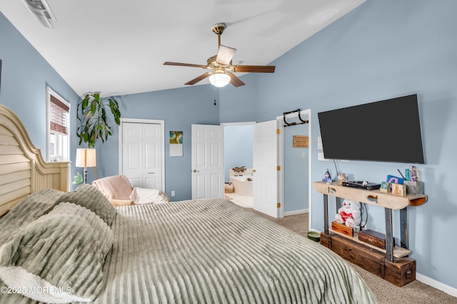 18 Skimmer Ln Unit 53, Bayville, NJ 08721 - bedroom featuring carpet floors, lofted ceiling, a closet, baseboards, and ceiling fan
