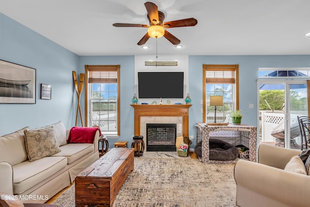 18 Skimmer Ln Unit 53, Bayville, NJ 08721 - living area featuring ceiling fan, a fireplace, and recessed lighting